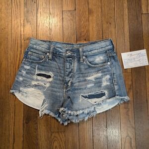 American Eagle Hi-Rise Festival Shorts Womens 4 Distressed Patched Button Fly